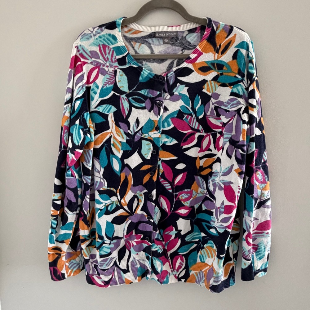 Jessica London Multicolor Cardigan Sweater 100% Cotton Leaf Print Artsy Colorful